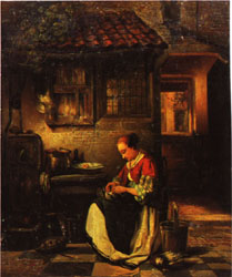 Woman Plucking a Chicken in a Courtyard